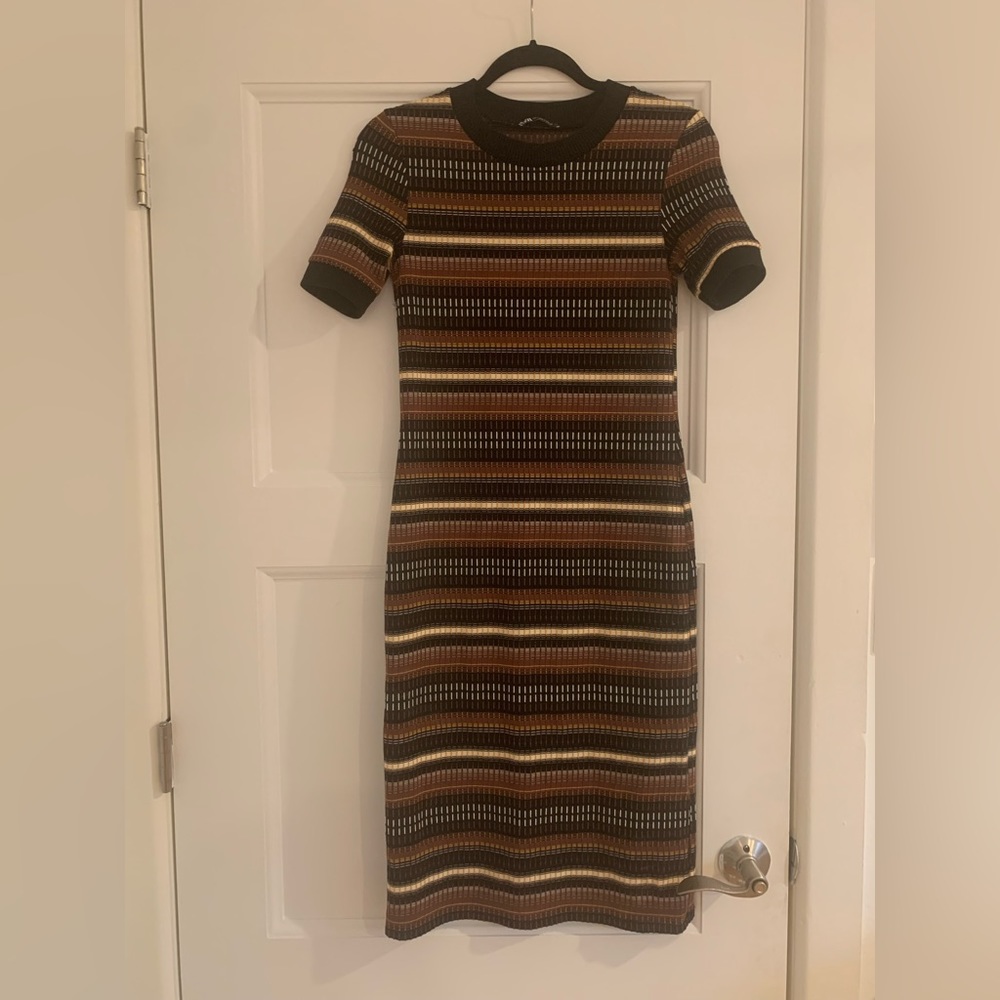 Brown, black and white striped midi dress